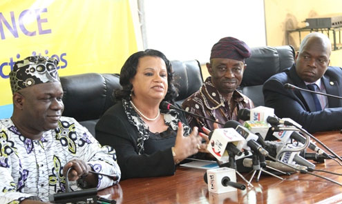 Secretary to the Lagos State Government and Chairperson, Organizing Committee for the forthcoming celebration of the 50th Anniversary of Nigeriaâ€™s Independence in Lagos State, Princess Adenrele Adeniran Ogunsanya (2nd left),  with the Commissioner for Home Affairs and Culture, Hon. Tunde Balogun (left), member of the Committee and Film Producer, Mr. Tunde Kelani (2nd right), and the Senior Special Assistant to the Governor on Media, Mr. Hakeem Bello (right), answering questions,  during the World Press Conference  on the  celebration, held at the Bagauda Kaltho Press Centre, Alausa, Secretariat, Ikeja, Lagos, yesterday.
