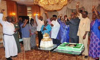 Celebration Time: President Goodluck Jonathan gets three hearty cheers from well wishers