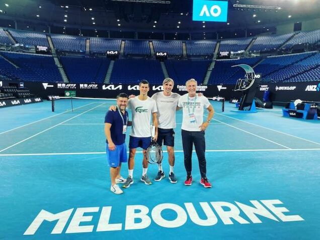 Djokovic, second left with his team in Melbourne